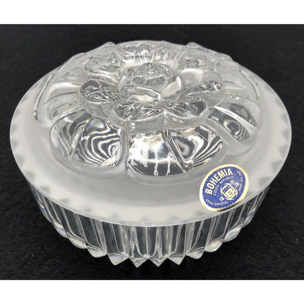 Vintage Bohemian Czech Bohemia Crystal Floral Covered Trinket Bowl Dish